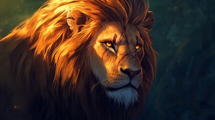 Fototapeta premium Majestic Lion with Scars Stands Proud in Dark Forest.