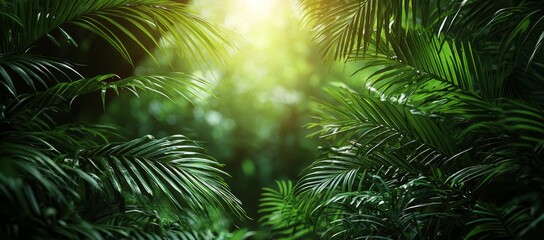 Lush green tropical foliage with sunlight filtering through.
