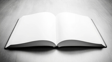 Open notebook with blank pages lying on wooden desk, monochrome image suggesting potential for writing, storytelling, taking notes, or journaling