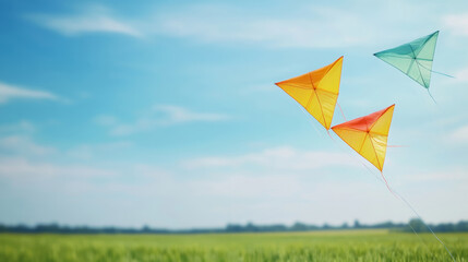 Three colorful kites flying high in a clear blue sky over a blurred green field, representing freedom, joy, and summer fun