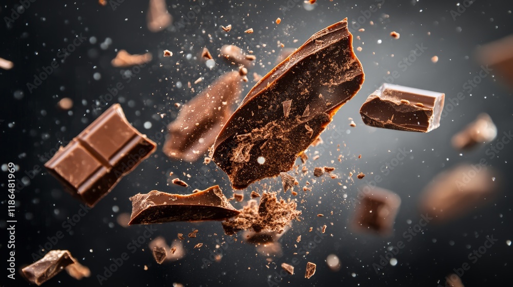 Aufkleber Milk chocolate pieces exploding against a dark background, creating a captivating and mouthwatering scene with crumbs and small particles soaring through the air