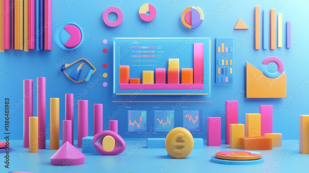 Poster a vibrant 3d financial dashboard featuring colorful graphs, charts, and data visualizations. scene i