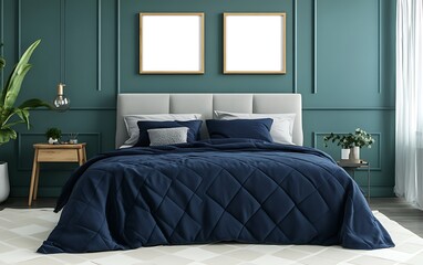 Teal bedroom interior design, mockup frames, cozy bed, nightstands