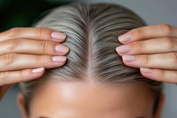 Naklejka premium close-up of a person's hair parting, with hands gently placed on both sides. The hair is neatly groomed, showcasing a clear scalp and a healthy hairline. The nails are well-manicured