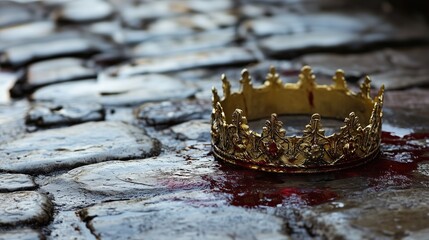 golden king crown lies on stone brick floor with
red blood stains, in the throne room. The king is dead, long live the king! concept