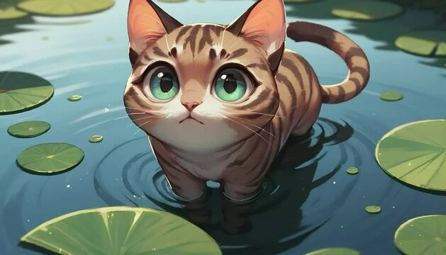 연못에 서있는 귀여운 고양이