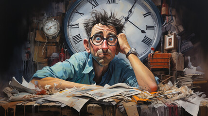 sleep-deprived man tired from midnight work, computer developer, cartoon style.  Generative AI