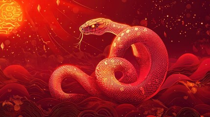 Obraz premium A cheerful Happy Chinese New Year 2025 poster template featuring a dynamic snake in a coiled pose,