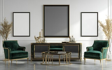 Elegant living room interior design, gold accents, green velvet chairs, mock-up frames