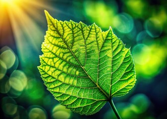 Detailed macro showcases a vibrant green leaf's texture, sharp focus, lush garden backdrop.