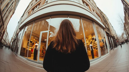 Woman peering through fisheye lens at mannequins, displaying trendy urban fashion in storefront window, capturing retail shopping atmosphere