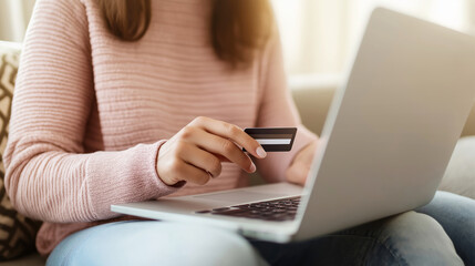 Woman holding a credit card while using a laptop for online shopping at home, enjoying a comfortable and secure e-commerce experience