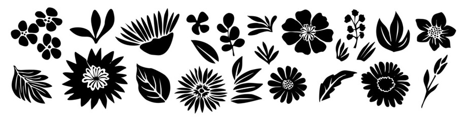 Set of flower and leaves silhouettes. Hand drawn floral design elements, icons, shapes. Wild and garden flowers, leaves black and white outline illustrations on transparent background.