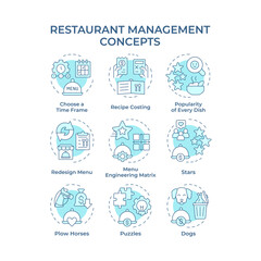 Restaurant management soft blue concept icons. Strategy of catering service development. Food service. Icon pack. Vector images. Round shape illustrations for presentation. Abstract idea