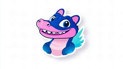 Fototapeta premium Adorable cartoon baby dragon with wings, blue and pink, happy expression.