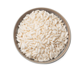 Puffed rice in bowl isolated on white, top view