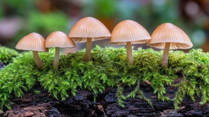 Fototapeta premium Five small, light brown mushrooms growing in a row on moss-covered wood.