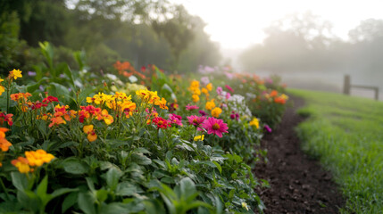 Flowerbed bursting with a colorful mix of vibrant spring blooms, enveloped in a soft morning mist, creating a serene garden landscape