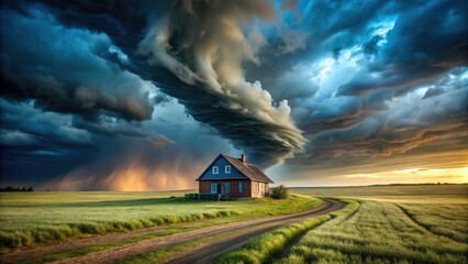 Dramatic rural landscape:  a lone farmhouse, defiant against a furious, swirling tornado.