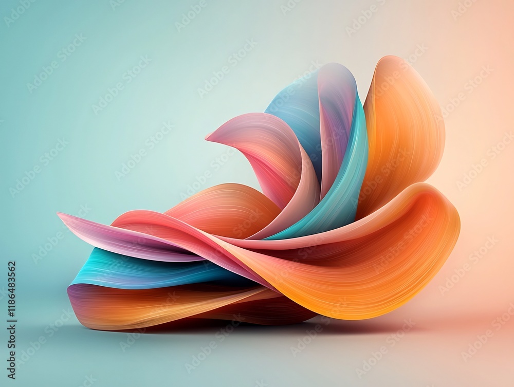 Poster dynamic abstract composition featuring a flowing undulating pattern of iridescent prismatic shapes a