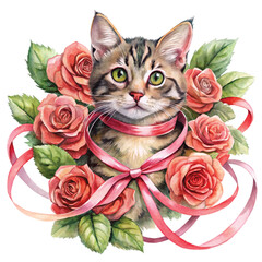 Cat in the world  Rose Bow Clipart Watercolor
