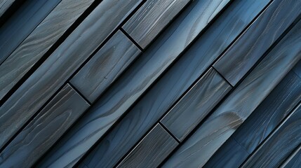 Obraz premium A modern wooden wall featuring an array of diagonal planks in cool gray tones, creating a stylish and contemporary atmosphere.