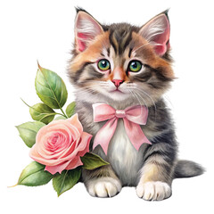 Cat in the world  Rose Bow Clipart Watercolor
