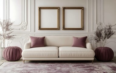 Elegant living room interior design, mauve accents, classic style, two empty frames