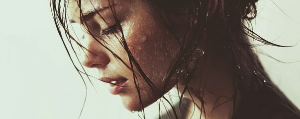 Naklejka premium portrait of a woman with wet hair, soft expression, minimal background, natural beauty concept, hair flowing, neutral tones, serene and calm atmosphere,