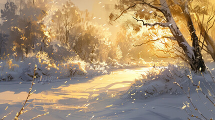 A serene winter solstice morning with soft snow-covered landscapes, golden sunlight streaming through icy branches
