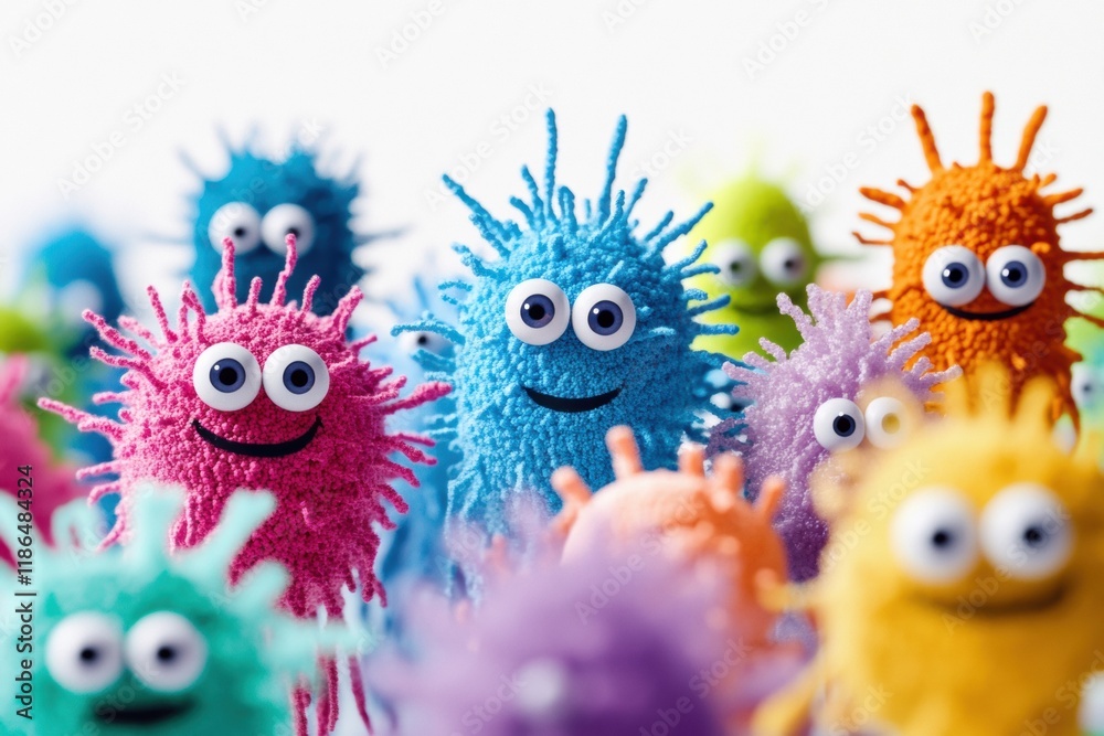 Poster Bright cheerful microbes with joyful expressions gather together in a colorful display. Generative AI