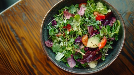 Fresh garden salad with mixed greens, tomatoes, and radishes in a rustic bowl