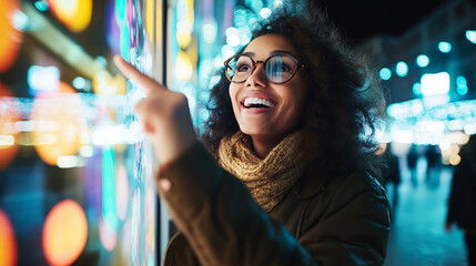 Young woman enjoying the vibrant atmosphere of a city at night, interacting playfully with a glowing touchscreen kiosk amidst festive lights