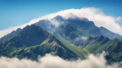 Mountain landscape with clouds and blue sky. Panoramic view