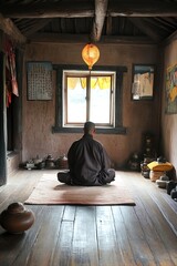 Minimalist monk lifestyle shown through simple living quarters and meditative activities, Ascetic, Sacred Simplicity