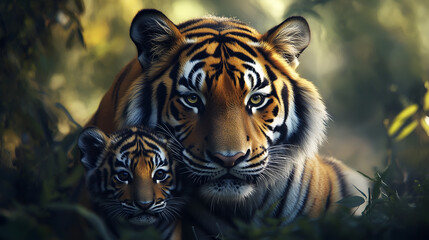 Beautiful Siberian tiger with cub in natural habitat