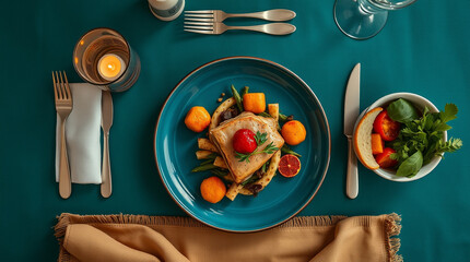 Elegant dinner setting with a gourmet plated meal. Teal tablecloth, candlelight, and fresh ingredients create a sophisticated ambiance.