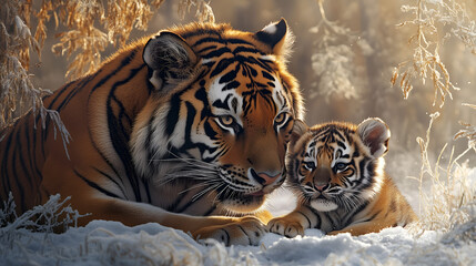 Obraz premium Beautiful Siberian tiger with cub in natural habitat