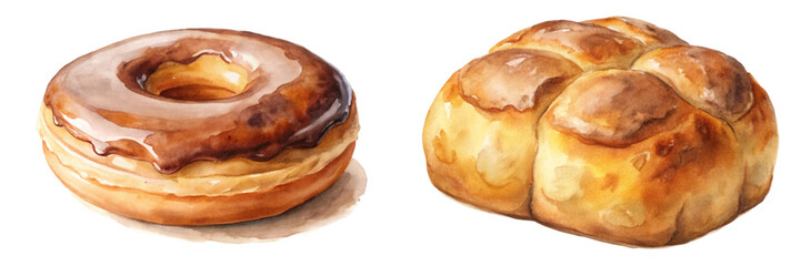 Delicious baked goods, watercolor illustration, chocolate donut, fresh bread rolls, sweet treats, food art.
