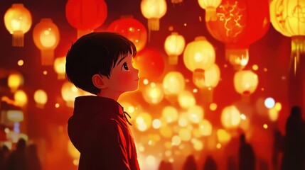 Boy Gazing at Illuminated Lanterns Festival Night