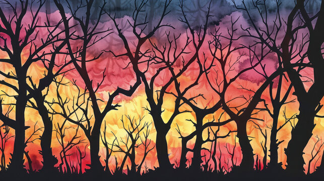A silhouette of bare trees against a vibrant solstice sunset sky