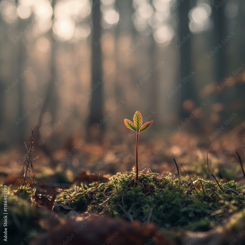 Poster Emerging seedling in forest sunlight with soft bokeh background
