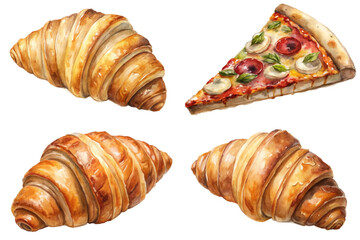 Delicious baked goods, flaky croissants, savory pizza slice, appetizing food photography, culinary delights, gourmet treats.