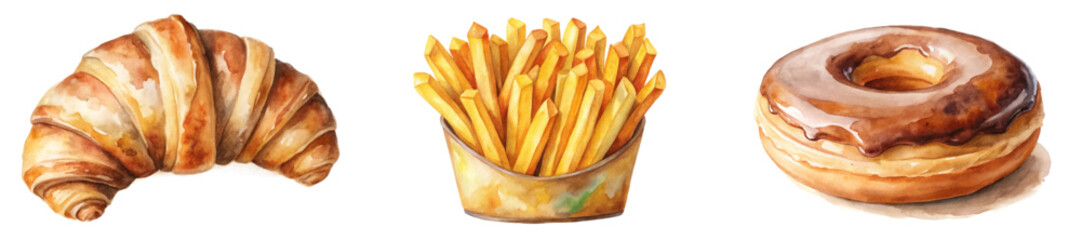 Delicious baked goods, watercolor illustration, croissant, French fries, glazed donut, food art, culinary design.