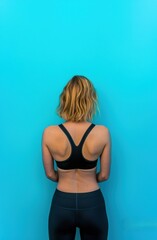 Naklejka premium Young Woman with Blonde Hair in Sport Bra Against Blue Background