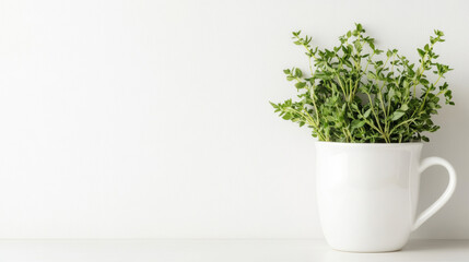 Fresh oregano sprigs rising from white ceramic mug against pristine minimalist backdrop, highlighting herb's delicate green leaves