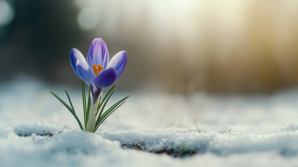 Purple crocus blooming from under the snow in early spring, concept of spring, rebirth and new life