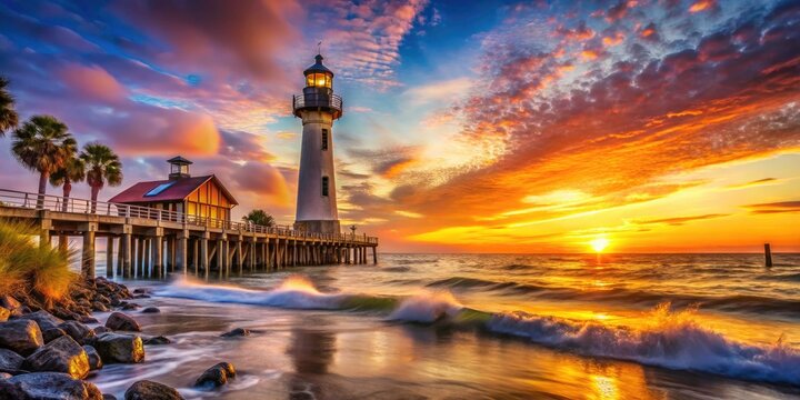 Georgia coast sunrise: St. Simons Island Lighthouse pier bathed in golden light, a breathtaking ocean view.