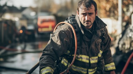 Obraz premium Firefighter in Action: A seasoned firefighter, clad in protective gear, stands amidst the scene of a fire, his determined expression reflecting the gravity of the situation.