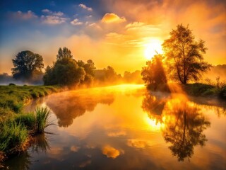 Obraz premium Golden hour bathes a misty river in calm, low light, creating a breathtaking nature scene.